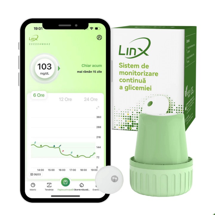 Senzor de Monitorizare Continua a Glicemiei (CGM) LinX, Durata 15 zile, Soft pentru Smartphone si Alerte Personalizate