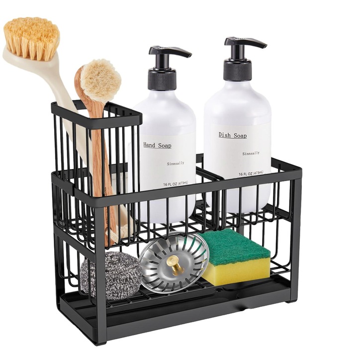 Suport burete pentru chiuveta, LYCENXI®, inox, negru, 23x9x10cm, suport pentru perii