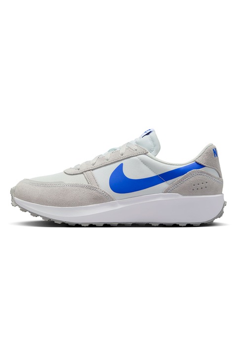 Nike, Спортни обувки Waffle Nav с велур, Светло сив/Кралско Синьо/Мръснобял