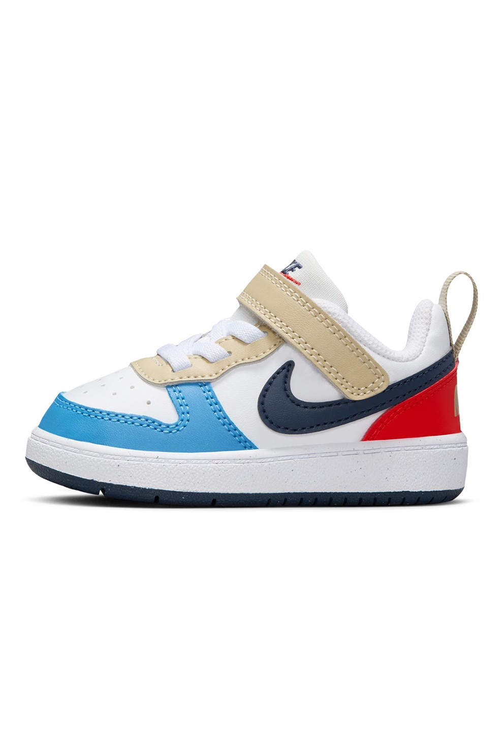 Nike, Pantofi sport Court Borough cu inchidere velcro, Alb, Maro nisip, Albastru deschis, 18.5 EU