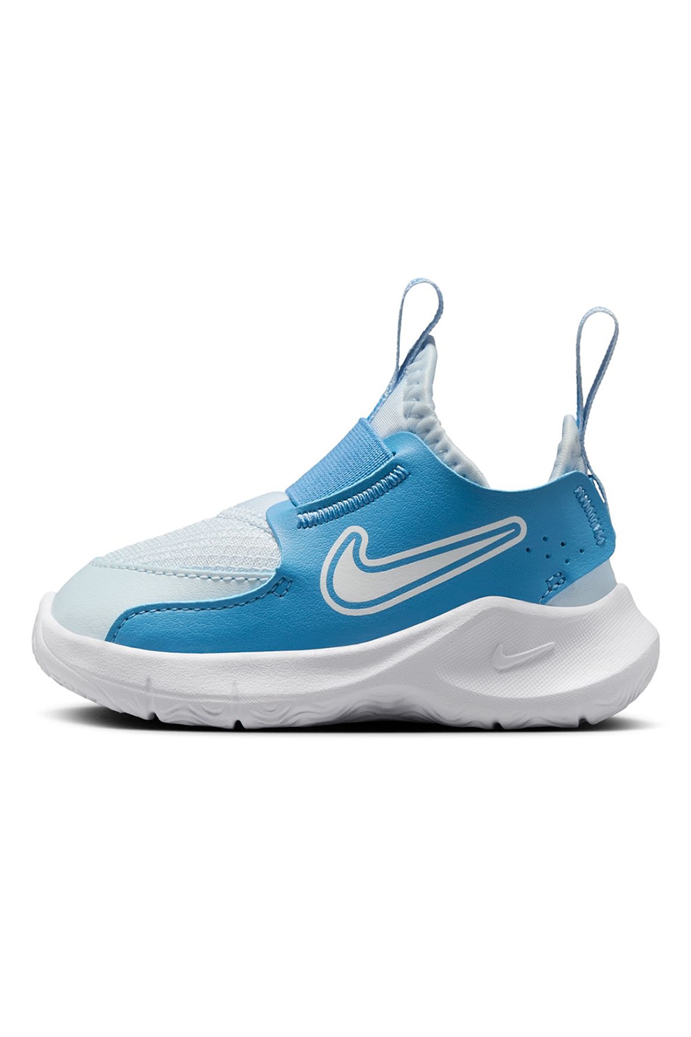 Nike, Pantofi sport slip-on cu imprimeu logo Flex Runner 3, Alb, Albastru deschis, 23.5 EU
