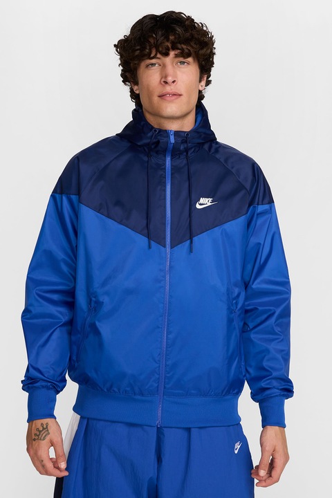 Nike, Jacheta cu gluga si aspect contrastant Windrunner, Negru/Albastru royal