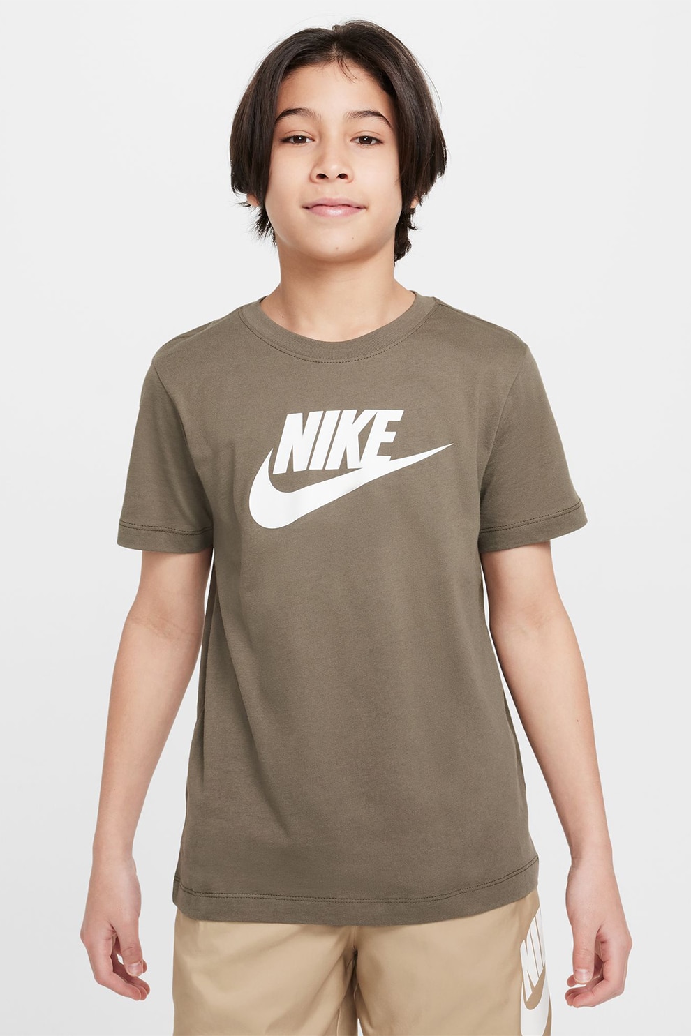 Nike, Tricou cu decolteu la baza gatului si imprimeu logo Futura, Alb, Kaki, 122-128 CM