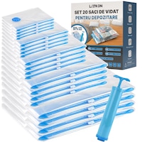 Set 20 Saci Vidat Haine, Latkon®, Pompa Manuala Inclusa, 16 Saci cu Valva Vacuum, 4 Travel Rolls 40x60 cm, Dimensiuni 40x60, 50x70, 60x80, 70x100 cm, Saci Vidat cu Fermoar Dublu Etans, Plastic Rezistent, Depozitare Textile, Protectie, Transparent