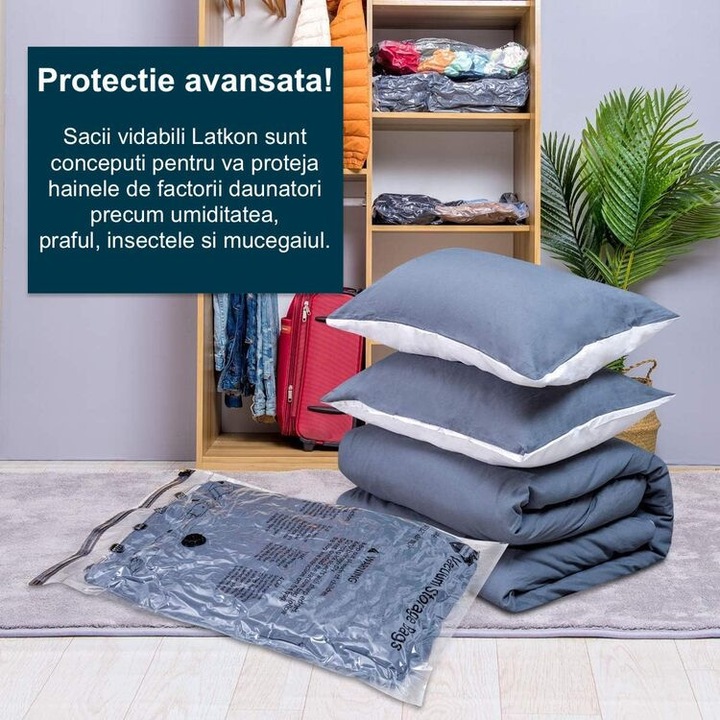 Set 10 Saci Vidat Haine, Latkon®, Pompa Manuala Inclusa, 10 Saci cu Valva Vacuum, Dimensiuni 40x60, 50x70, 60x80, 80x100 cm, Saci Vidat cu Fermoar Etans, Material Plastic Transparent, Depozitare Textile, Organizare Dulapuri si Bagaje, Transparent