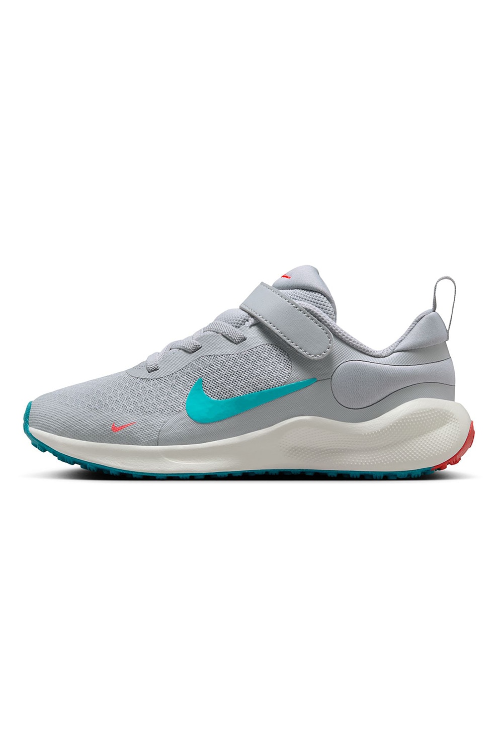 Nike, Pantofi cu amortizare si velcro, pentru alergare Revolution 7, Gri deschis, Verde persan, 29.5 EU