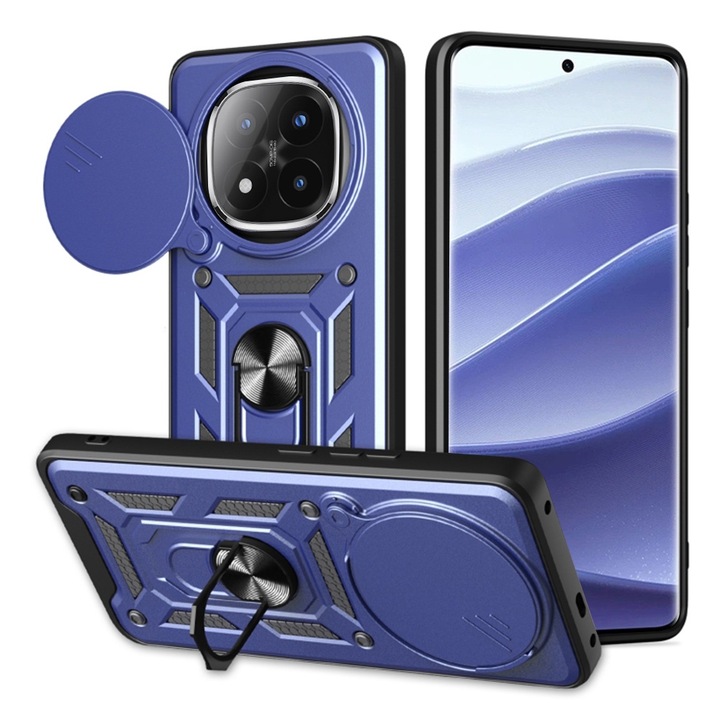 Husa pentru Xiaomi Redmi Note 14 Pro+ Plus Ring Armor Kickstand Tough Rugged Cover cu protectie camera Albastru