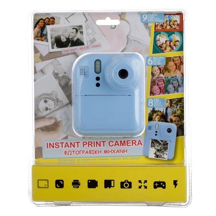 Camera foto instant pentru copii, card micro SD de 8GB, functii printare, selfie, foto, video, 1080p HD, jocuri integrate, role pentru printare, MP3, rame integrate, baterie 1000 mAh, USB type-C, albastru
