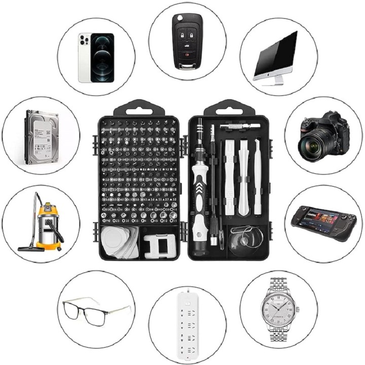 Kit, Set, trusa, surubelnite de precizie pentru reparatii electronice, telefoane, ceasornicar, pentru Macbook, iMac, iPhone, PC, 16×4.5×9 cm, Argintiu/Negru, KOTYS®