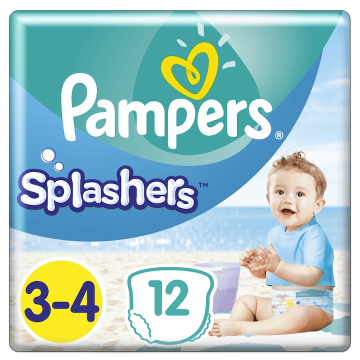 Пелени Pampers размер 3-4, 6-11 кг, 12 броя, Гама Splashers, 360° еластичност на талията, Лесни за обличане и събуване