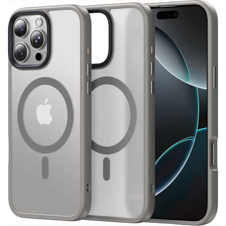 Husa compatibila cu Incarcare Magsafe pentru pentru Apple iPhone 16 Pro Max, CASEY STUDIOS™, de Protectie, Slim, pentru Incarcare Wireless, Margini Ridicate pentru Protectia Ecranului si a Camerelor, Gri