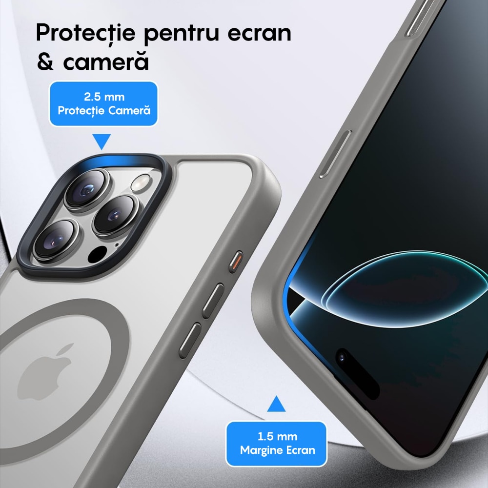 Husa compatibila cu Incarcare Magsafe pentru pentru Apple iPhone 16 Pro Max, CASEY STUDIOS™, de Protectie, Slim, pentru Incarcare Wireless, Margini Ridicate pentru Protectia Ecranului si a Camerelor, Gri