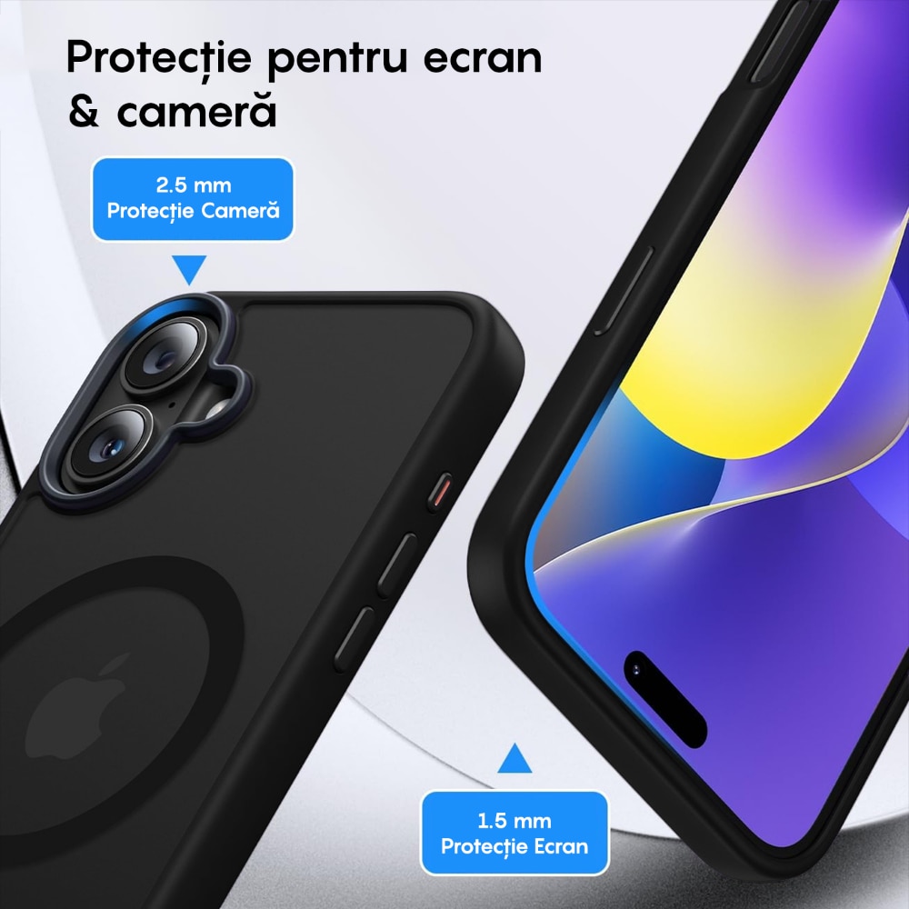 Husa compatibila cu Incarcare Magsafe pentru pentru Apple iPhone 16, CASEY STUDIOS™, de Protectie, Slim, pentru Incarcare Wireless, Margini Ridicate pentru Protectia Ecranului si a Camerelor, Negru