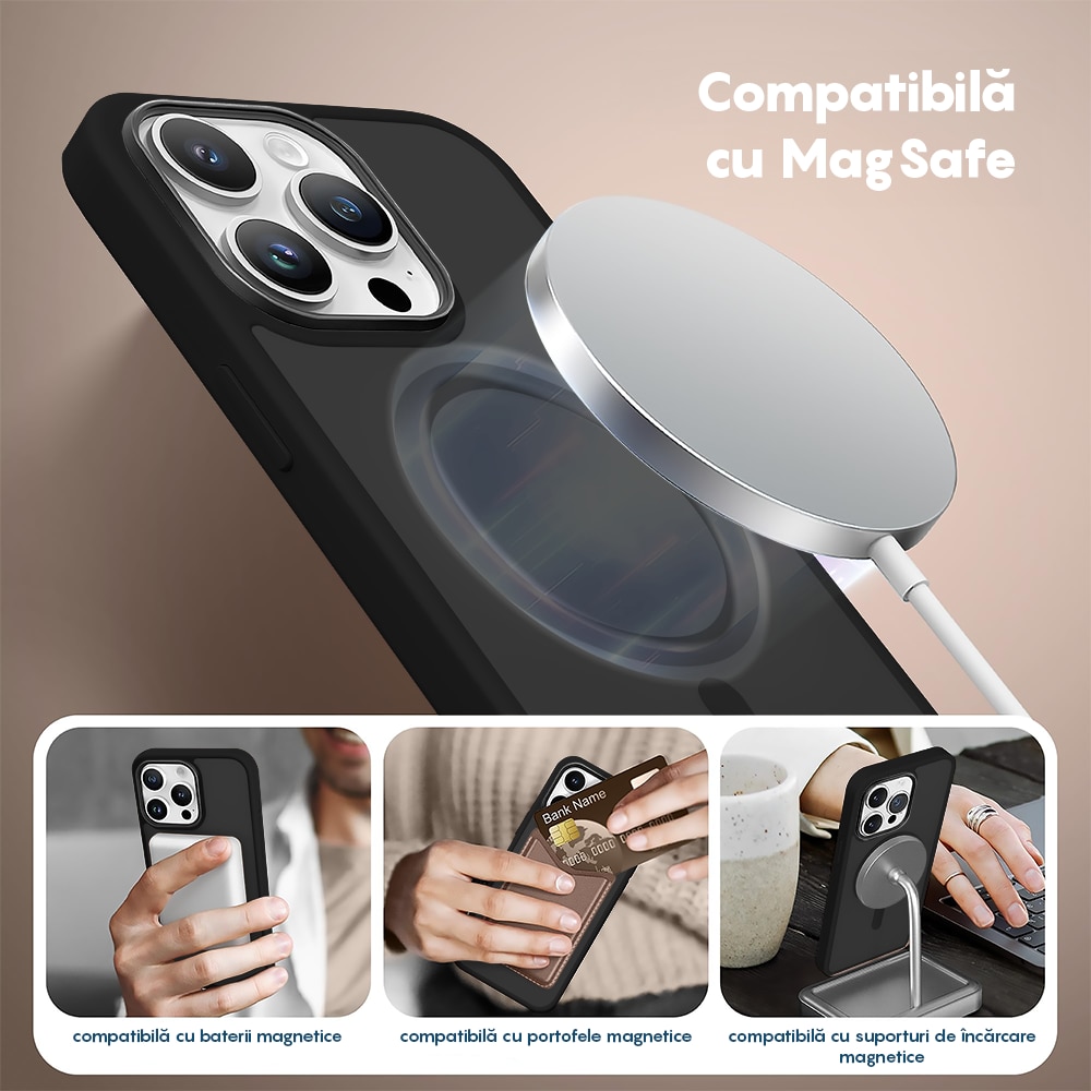 Husa compatibila cu Incarcare Magsafe compatibila cu iPhone 16 Pro, CASEY STUDIOS™, de Protectie, Slim, pentru Incarcare Wireless, Margini Ridicate de Protectia Ecranului si a Camerelor, Negru