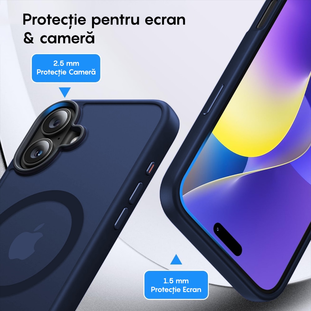 Husa compatibila cu Incarcare Magsafe pentru pentru Apple iPhone 16, CASEY STUDIOS™, de Protectie, Slim, pentru Incarcare Wireless, Margini Ridicate pentru Protectia Ecranului si a Camerelor, Albastru inchis