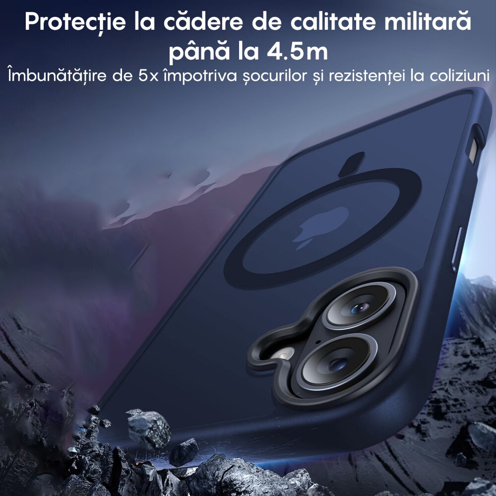 Husa compatibila cu Incarcare Magsafe pentru pentru Apple iPhone 16, CASEY STUDIOS™, de Protectie, Slim, pentru Incarcare Wireless, Margini Ridicate pentru Protectia Ecranului si a Camerelor, Albastru inchis