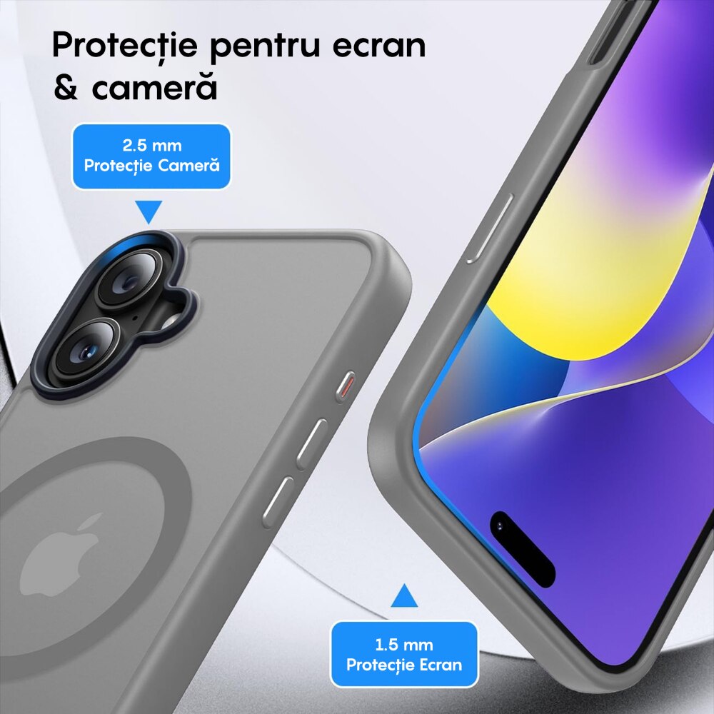 Husa compatibila cu Incarcare Magsafe pentru pentru Apple iPhone 16, CASEY STUDIOS™, de Protectie, Slim, pentru Incarcare Wireless, Margini Ridicate pentru Protectia Ecranului si a Camerelor, Gri