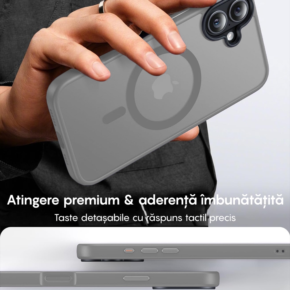 Husa compatibila cu Incarcare Magsafe pentru pentru Apple iPhone 16, CASEY STUDIOS™, de Protectie, Slim, pentru Incarcare Wireless, Margini Ridicate pentru Protectia Ecranului si a Camerelor, Gri