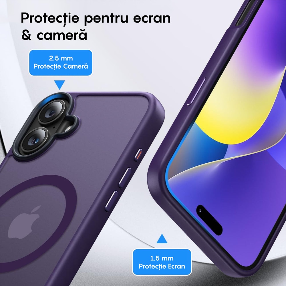 Husa compatibila cu Incarcare Magsafe compatibila cu iPhone 16, CASEY STUDIOS™, de Protectie, Slim, pentru Incarcare Wireless, Margini Ridicate de Protectia Ecranului si a Camerelor, Mov inchis