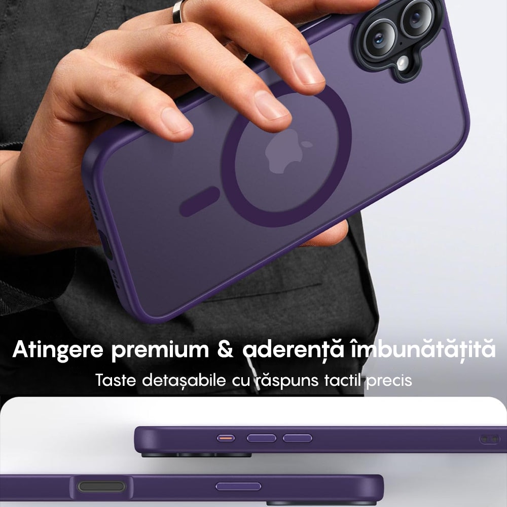 Husa compatibila cu Incarcare Magsafe compatibila cu iPhone 16, CASEY STUDIOS™, de Protectie, Slim, pentru Incarcare Wireless, Margini Ridicate de Protectia Ecranului si a Camerelor, Mov inchis