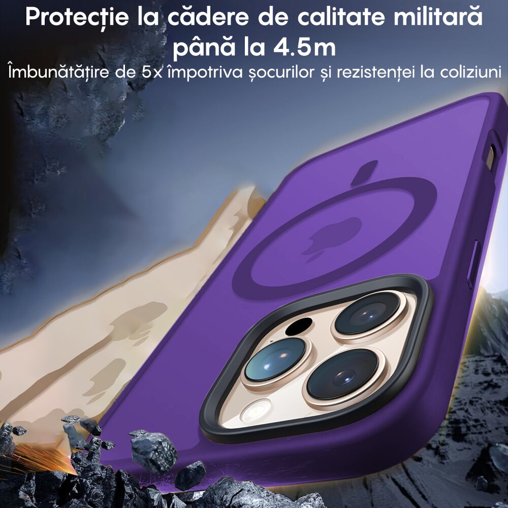 Husa compatibila cu Incarcare Magsafe pentru pentru Apple iPhone 16 Pro, CASEY STUDIOS™, de Protectie, Slim, pentru Incarcare Wireless, Margini Ridicate pentru Protectia Ecranului si a Camerelor, Mov inchis