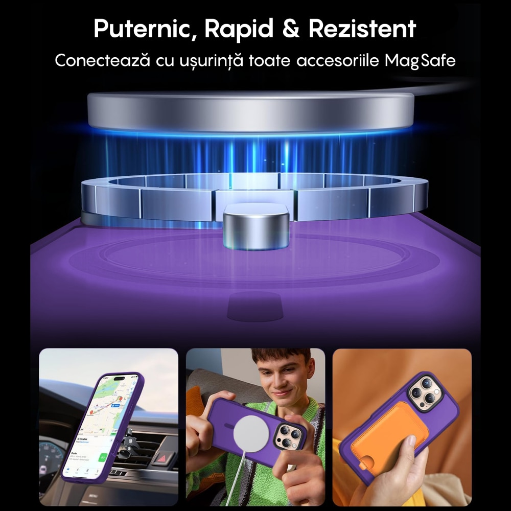Husa compatibila cu Incarcare Magsafe pentru pentru Apple iPhone 16 Pro, CASEY STUDIOS™, de Protectie, Slim, pentru Incarcare Wireless, Margini Ridicate pentru Protectia Ecranului si a Camerelor, Mov inchis