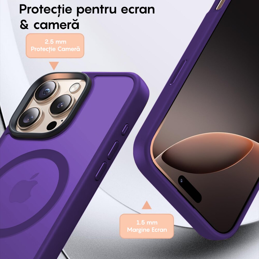 Husa compatibila cu Incarcare Magsafe pentru pentru Apple iPhone 16 Pro, CASEY STUDIOS™, de Protectie, Slim, pentru Incarcare Wireless, Margini Ridicate pentru Protectia Ecranului si a Camerelor, Mov inchis