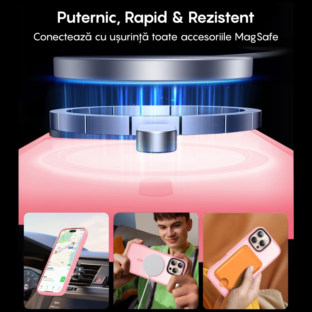 Husa compatibila cu Incarcare Magsafe pentru pentru Apple iPhone 16 Pro, CASEY STUDIOS™, de Protectie, Slim, pentru Incarcare Wireless, Margini Ridicate pentru Protectia Ecranului si a Camerelor, Roz