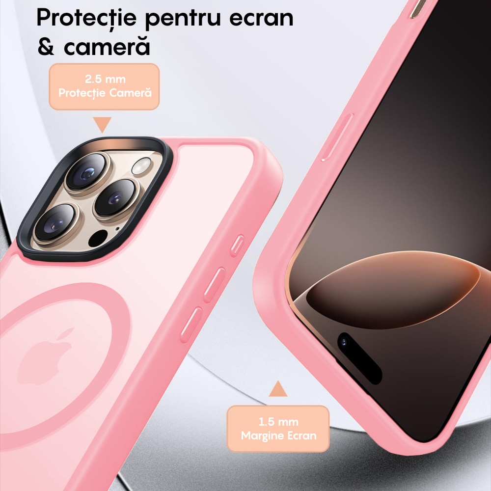 Husa compatibila cu Incarcare Magsafe pentru pentru Apple iPhone 16 Pro, CASEY STUDIOS™, de Protectie, Slim, pentru Incarcare Wireless, Margini Ridicate pentru Protectia Ecranului si a Camerelor, Roz