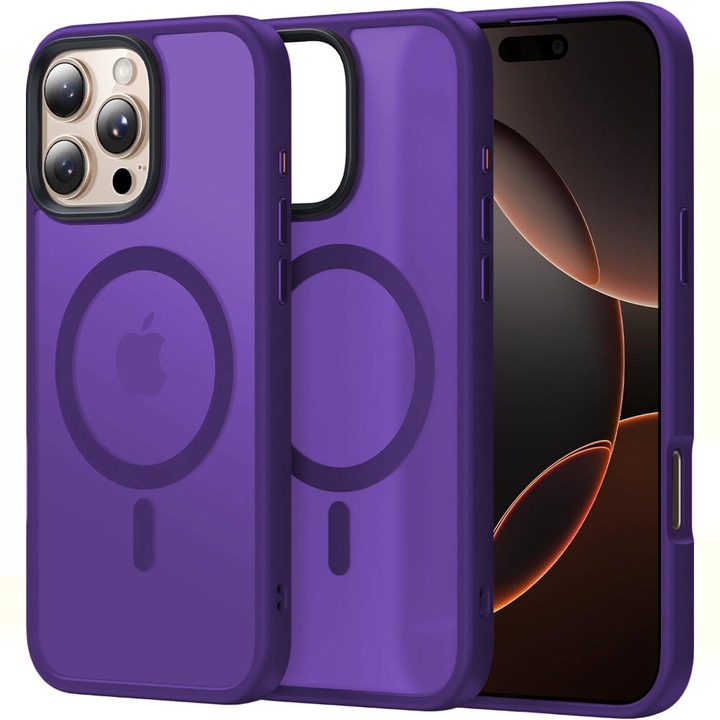 Husa compatibila cu Incarcare Magsafe compatibila cu iPhone 16 Pro, CASEY STUDIOS™, de Protectie, Slim, pentru Incarcare Wireless, Margini Ridicate de Protectia Ecranului si a Camerelor, Mov inchis