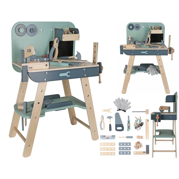 Banc de lucru, "LikeSmart Pro WorkShop", Manusi, Rigla, Boloboc, Ciocan, Patent, Surubelnita, Fierastrau, Diverse Accesorii, Albastru Pastel