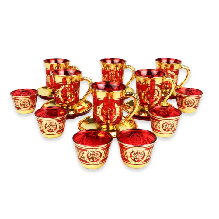 Set de ceai sau cafea rosu colorat si floral