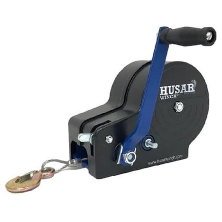 Troliu manual Husar Winch, max 1133kg, cablu de otel 10m, carcasa de protectie, negru/albastru
