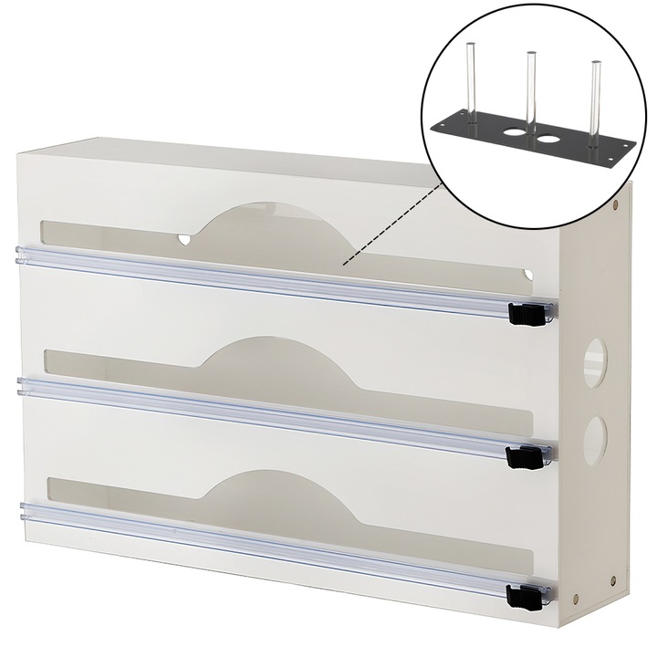 Органайзер 3 в 1 и диспенсър за кухненско фолио и салфетки с дължина до 33 см, монтаж на маса, стена или чекмедже, изработен от пластмаса, с подвижен нож и водачи, водоустойчив и устойчив на миризми