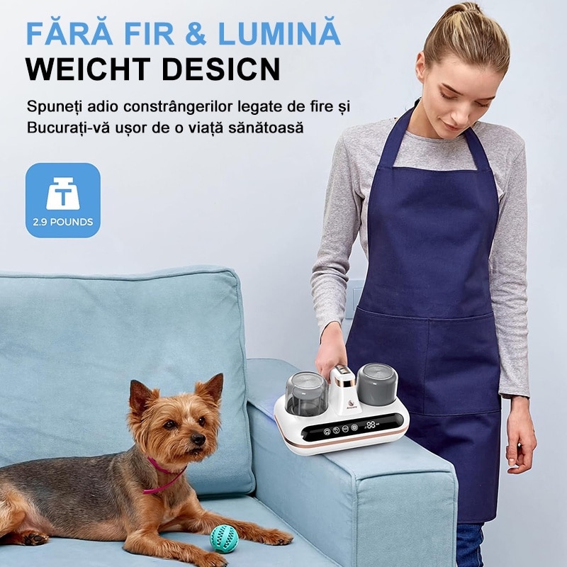 Aspirator antiacarieni si plosnite cu lumina UV Rqiurpn, pentru saltele, lenjeri, haine, jucarii, canapele, 80000 batai/min, 1800mAh, 10000Pa, Ecran LED, Lumina UV cu sterilizare, Portabil, Indicator de umiditate, Tehnologie ciclonica, Alb