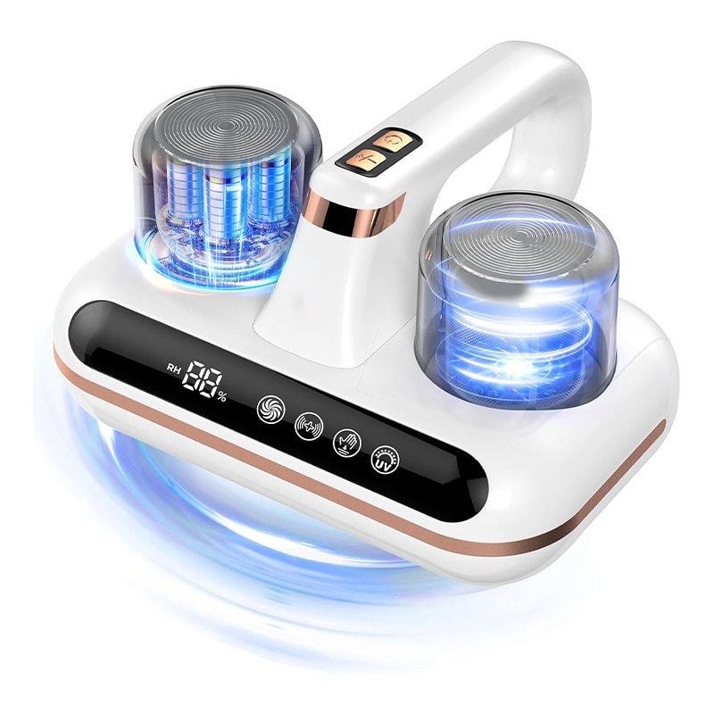 Aspirator antiacarieni si plosnite cu lumina UV Rqiurpn, pentru saltele, lenjeri, haine, jucarii, canapele, 80000 batai/min, 1800mAh, 10000Pa, Ecran LED, Lumina UV cu sterilizare, Portabil, Indicator de umiditate, Tehnologie ciclonica, Alb