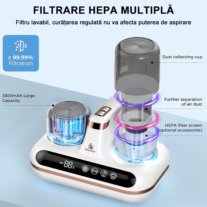 Aspirator antiacarieni si plosnite cu lumina UV Rqiurpn, pentru saltele, lenjeri, haine, jucarii, canapele, 80000 batai/min, 1800mAh, 10000Pa, Ecran LED, Lumina UV cu sterilizare, Portabil, Indicator de umiditate, Tehnologie ciclonica, Alb