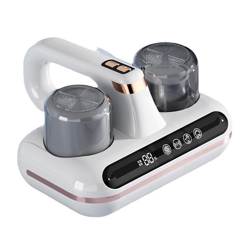 Aspirator antiacarieni si plosnite cu lumina UV Rqiurpn, pentru saltele, lenjeri, haine, jucarii, canapele, 80000 batai/min, 1800mAh, 10000Pa, Ecran LED, Lumina UV cu sterilizare, Portabil, Indicator de umiditate, Tehnologie ciclonica, Alb