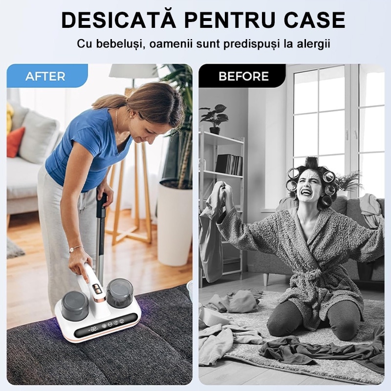 Aspirator antiacarieni si plosnite cu lumina UV Rqiurpn, pentru saltele, lenjeri, haine, jucarii, canapele, 80000 batai/min, 1800mAh, 10000Pa, Ecran LED, Lumina UV cu sterilizare, Portabil, Indicator de umiditate, Tehnologie ciclonica, Alb