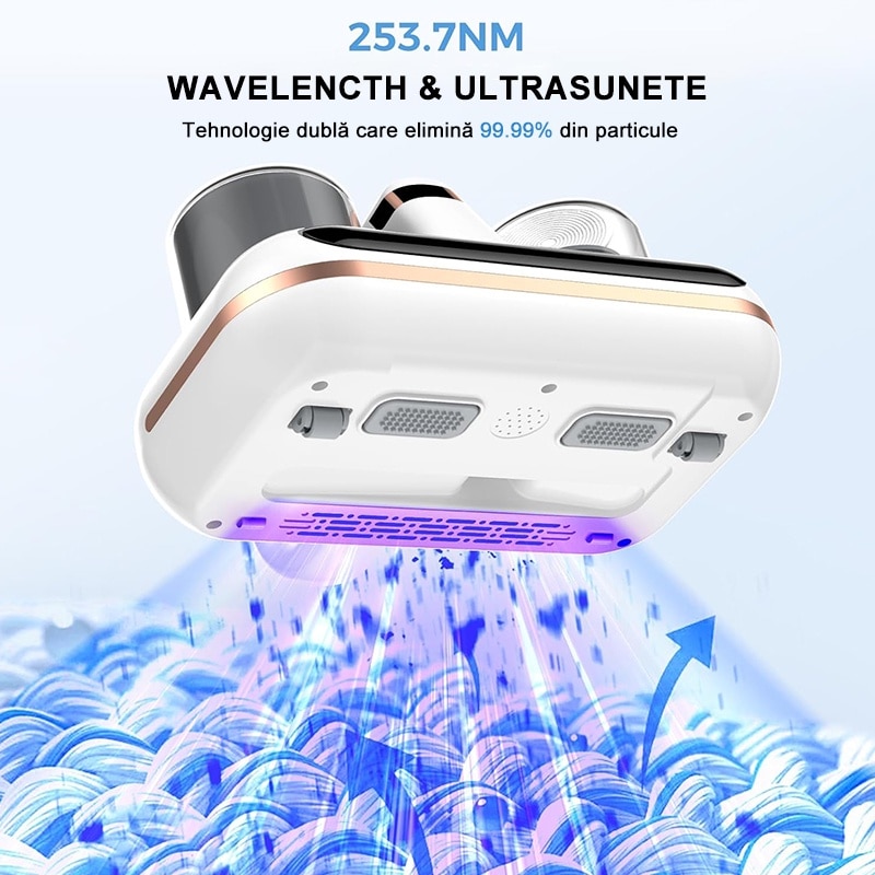 Aspirator antiacarieni si plosnite cu lumina UV Rqiurpn, pentru saltele, lenjeri, haine, jucarii, canapele, 80000 batai/min, 1800mAh, 10000Pa, Ecran LED, Lumina UV cu sterilizare, Portabil, Indicator de umiditate, Tehnologie ciclonica, Alb