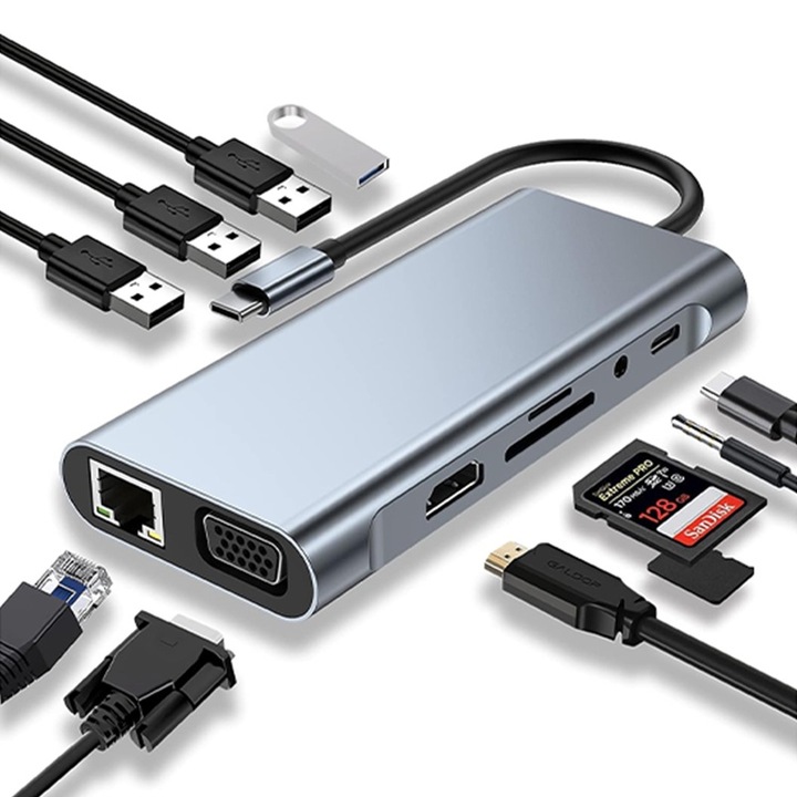 USB-C мултипортов хъб адаптер 11-в-1, Rqiurpn, HDMI 4K, VGA, PD 87W порт за зареждане, LAN RJ45 Ethernet, SD/TF четец на карти, 3 USB 2.0, 1 USB 3.0, 1 USB-C данни, докинг станция за лаптоп HP, Lenovo, Macbook, Dell, таблет, черен
