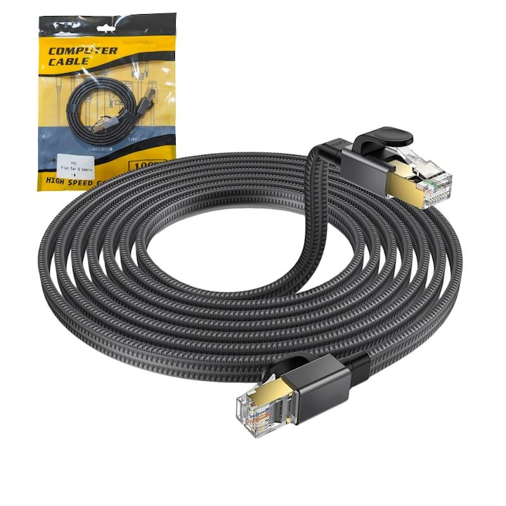 Ethernet кабел Cat 8, 1m, 40Gbps, 2000MHz, дизайн против смущения, плосък кабел RJ45