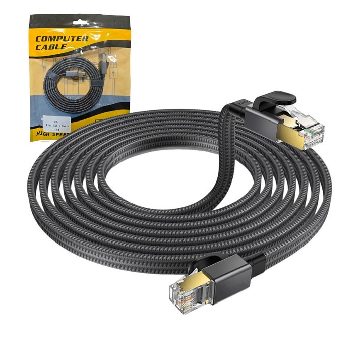 Ethernet кабел Cat 8, 1.5m, 40Gbps, 2000MHz, дизайн против смущения, RJ45 плосък кабел