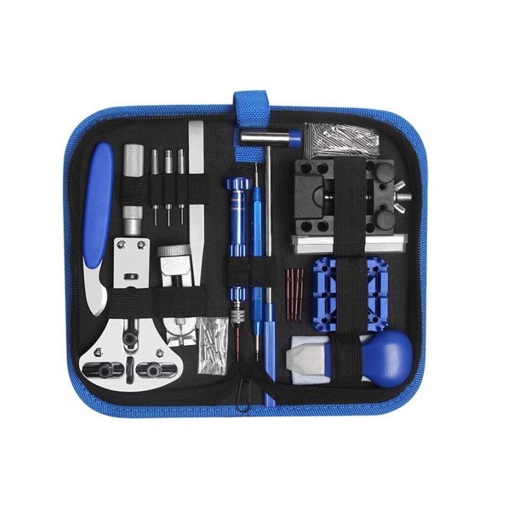 Set unelte pentru repararea ceasurilor, albastru/argintiu, plastic/inox, geanta de depozitare.