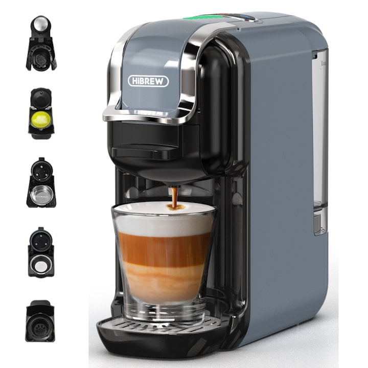 Универсална кафемашина 5в1 HiBREW H2B, 19 бара, 1450W, 600мл, Thermoblock, Съвместима с капсули Nespresso, Dolce Gusto, KCup, ESE капсули и мляно кафе, сива