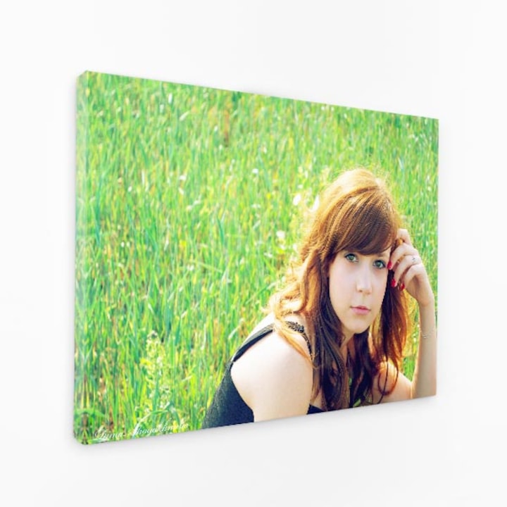 Картина на платно - Момиче в трева, гледащо в камерата - 30x50 см