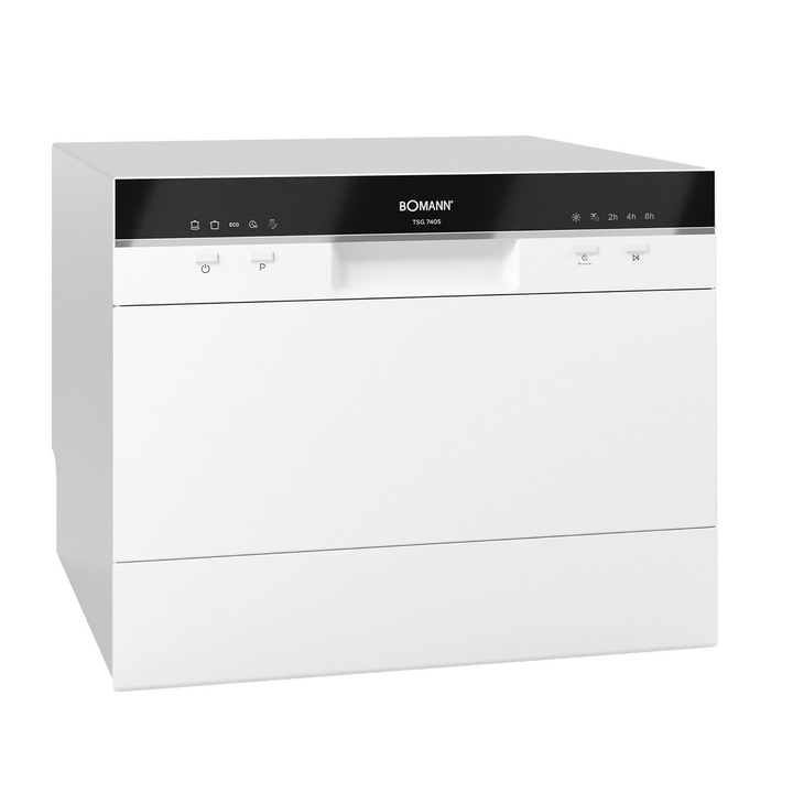 Мини съдомиялна Bomann, TSG7405W, 6 комплекта, 5 програми, еко режим, отложен старт, режим на предварително изплакване, бързо загряване на водата, звуков сигнал, температура 45-70°C, защита от наводнение, бяла