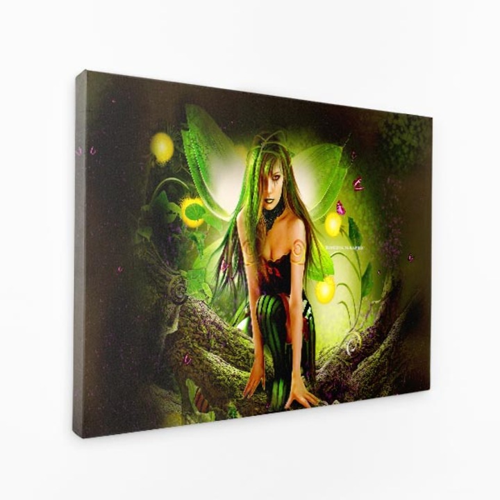 Картина на платно - Зелена фея, седяща клони на дърво Roselilacgraphics - 100x50 cm