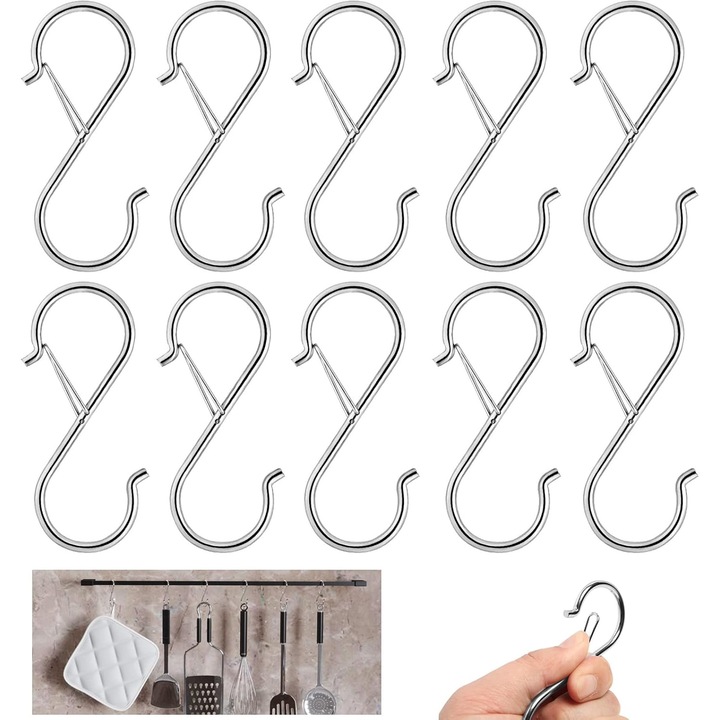 Set 10 carlige S, metalice, pentru agatat plante, ustensile de bucatarie, prosoape, lampi, haine, Argintiu