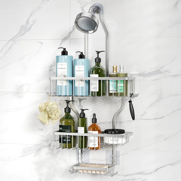 Raft de Dus Elindor® Polita cu Adeziv, Etajera de Baie, Suport Prosop si Sapun, Organizator Baie sau Etajere Depozitare in Bucatarie, Set 3 Rafturi de Dus, Accesorii din Inox, Argintiu